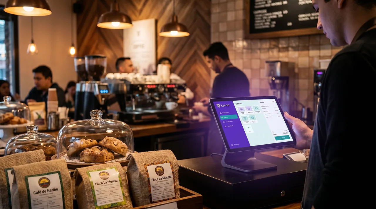 Barista usando LyrooPOS en una cafeteria colombiana